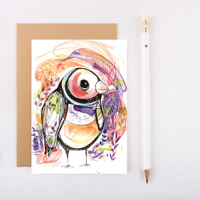 Greeting card featuring a mixed media illustration of a finch bird by Isabel Lopes Artist