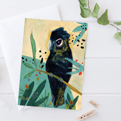Artist greeting card featuring an Australian Black Cockatoo , by artist Isabell Lopes