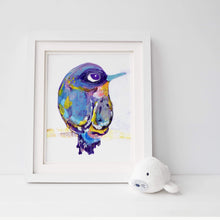 Load image into Gallery viewer, Blue bird print reproduction of an acrylic painting by Isabel Lopes artist
